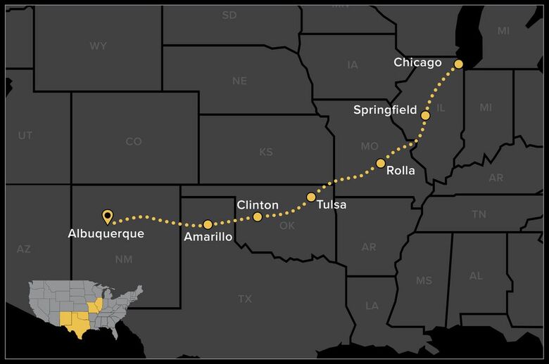 Route 66 Self Guided Motorcycle Tour - Chicago to Albuquerque map