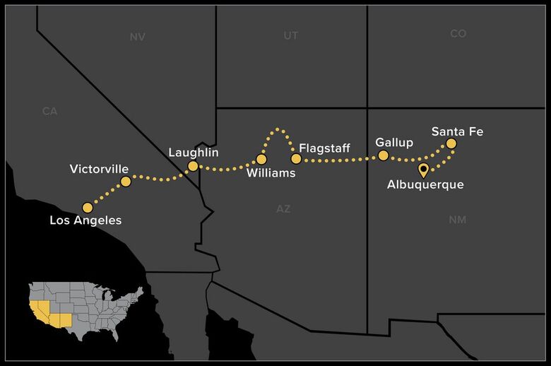 Route 66 Self Guided Motorcycle Tour - Los Angeles to Albuquerque map