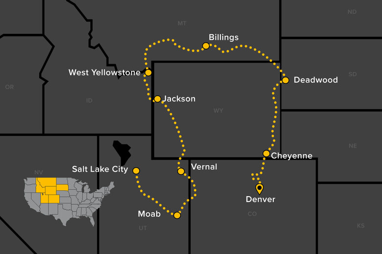 Utah, Yellowstone, and Deadwood Guided Motorcycle Tour map